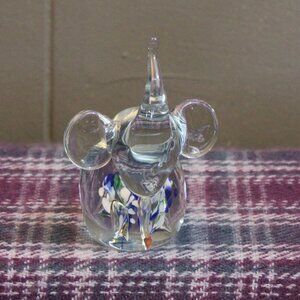 Handblown Art Glass Elephant Paperweight Clear with Blue and White